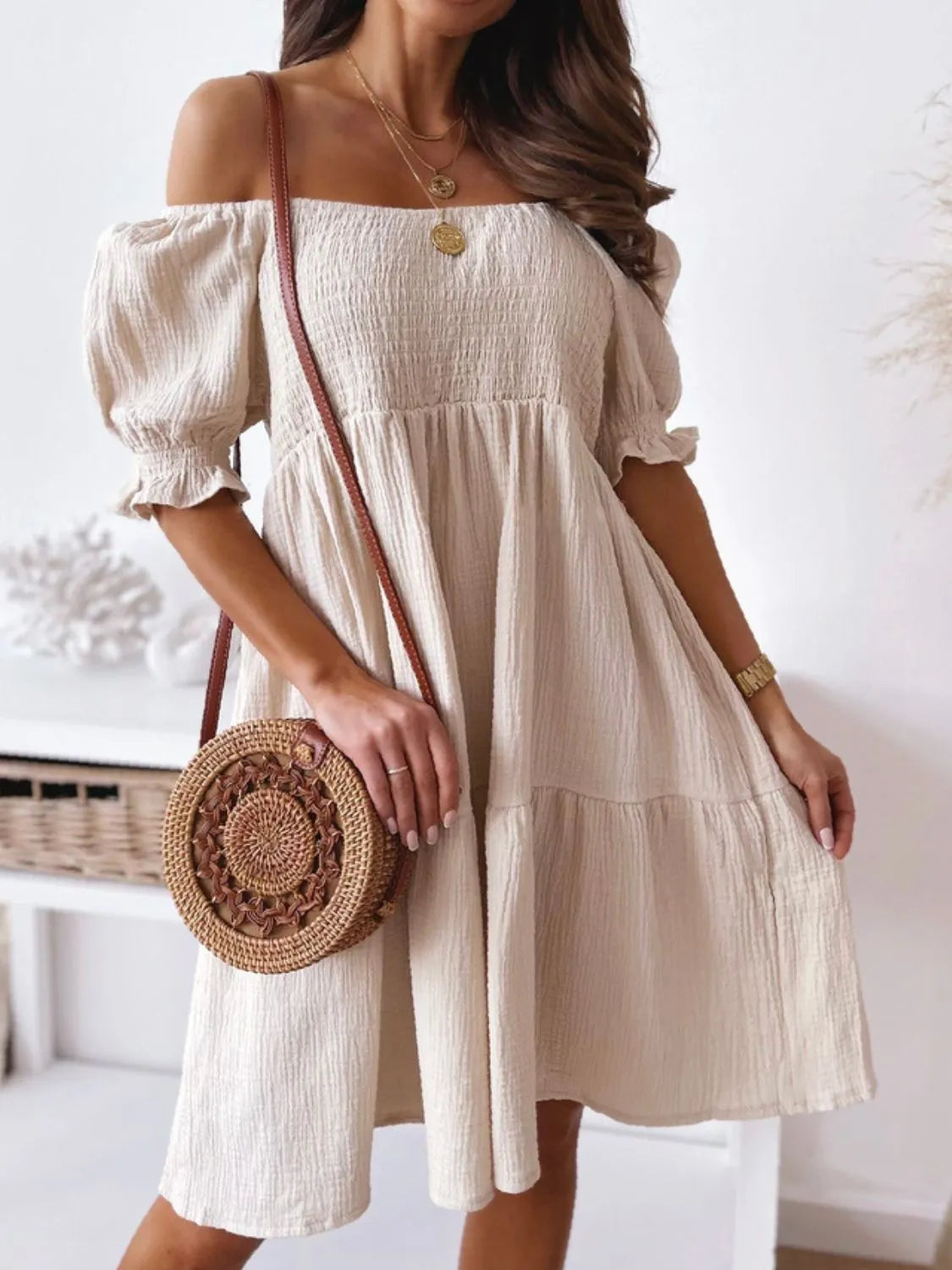 Floral Puff Sleeve Square Neck Knot Open Back Mini Dress.