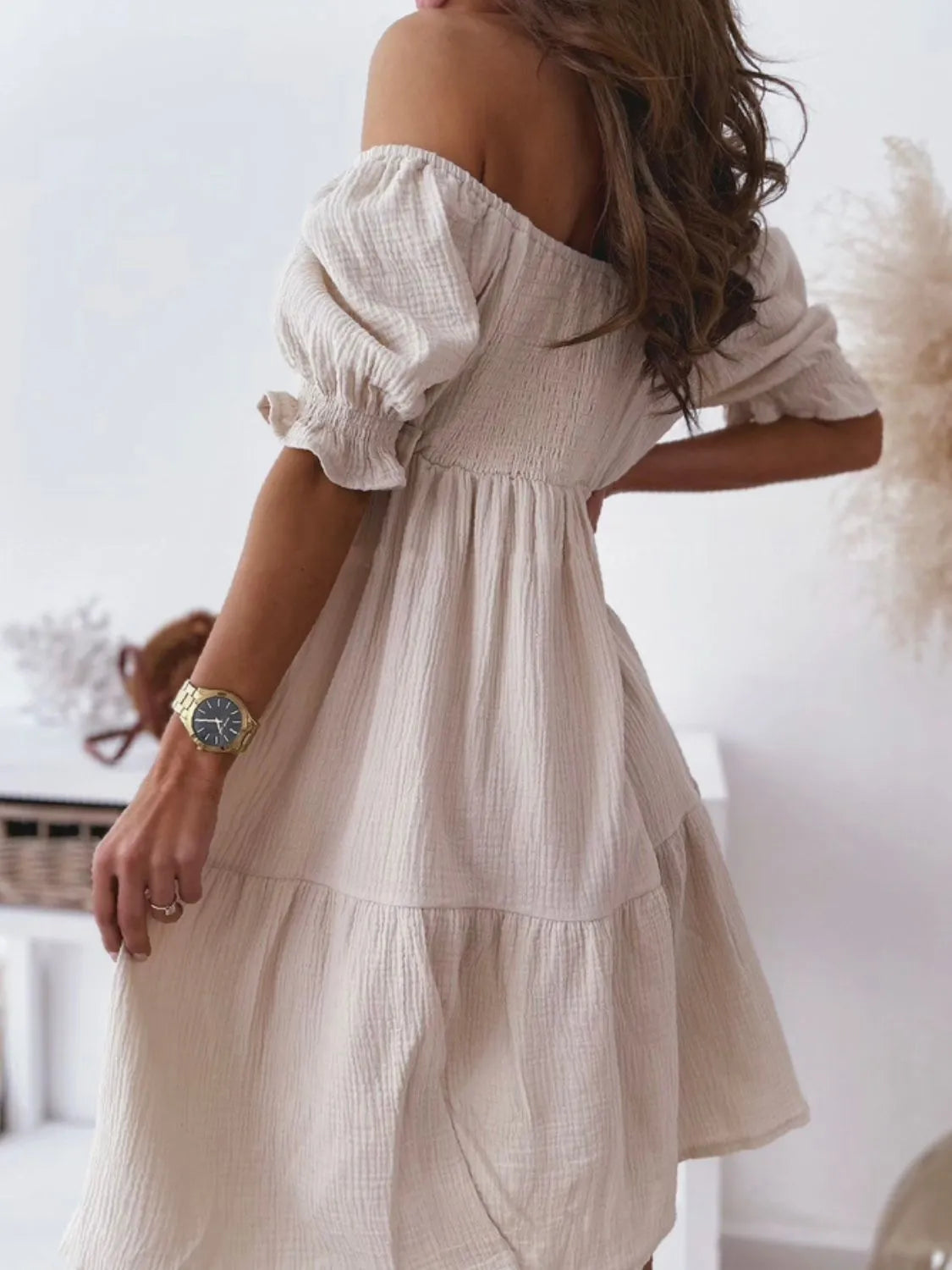 Floral Puff Sleeve Sweetheart Neck Ruffled Mini Dress.