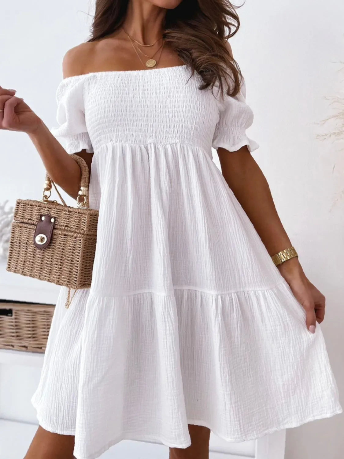Smocked Off-Shoulder Mini Dress.