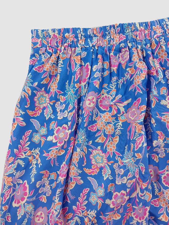 Blue floral-patterned pants on a white background