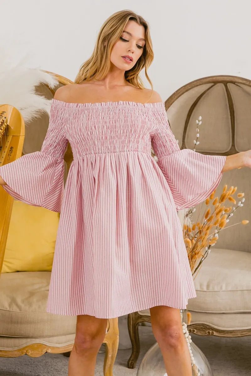 Bibi Smocked Off Shoulder Striped Dress.