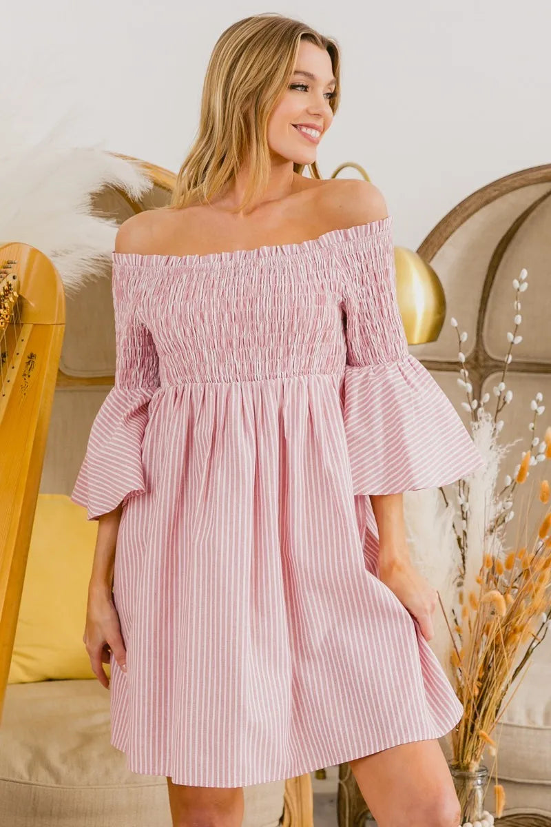 Bibi Smocked Off Shoulder Striped Dress.