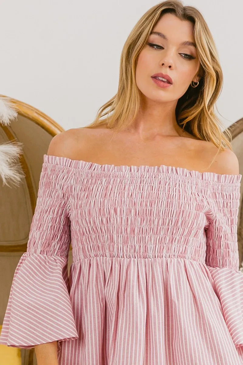 Bibi Smocked Off Shoulder Striped Dress.