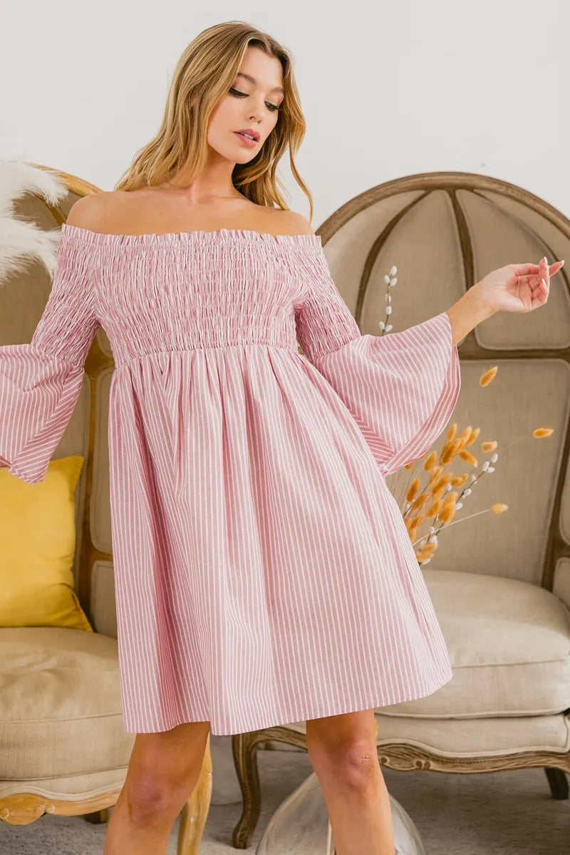 Bibi Smocked Off Shoulder Striped Dress.