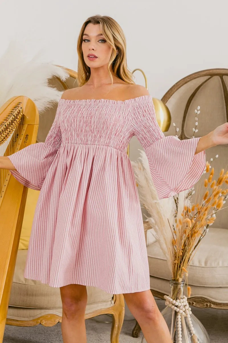 Bibi Smocked Off Shoulder Striped Dress.