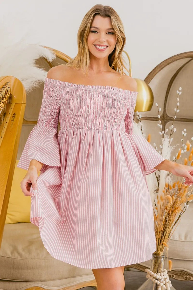 Bibi Smocked Off Shoulder Striped Dress.