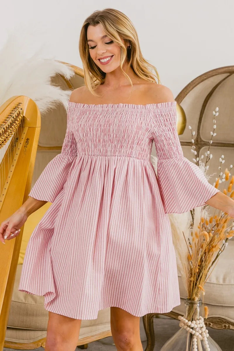 Bibi Smocked Off Shoulder Striped Dress.