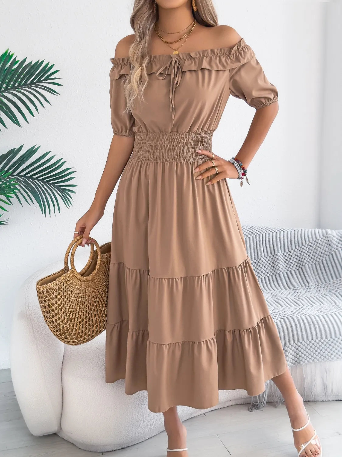 Smocked Off-Shoulder Tiered Dress.