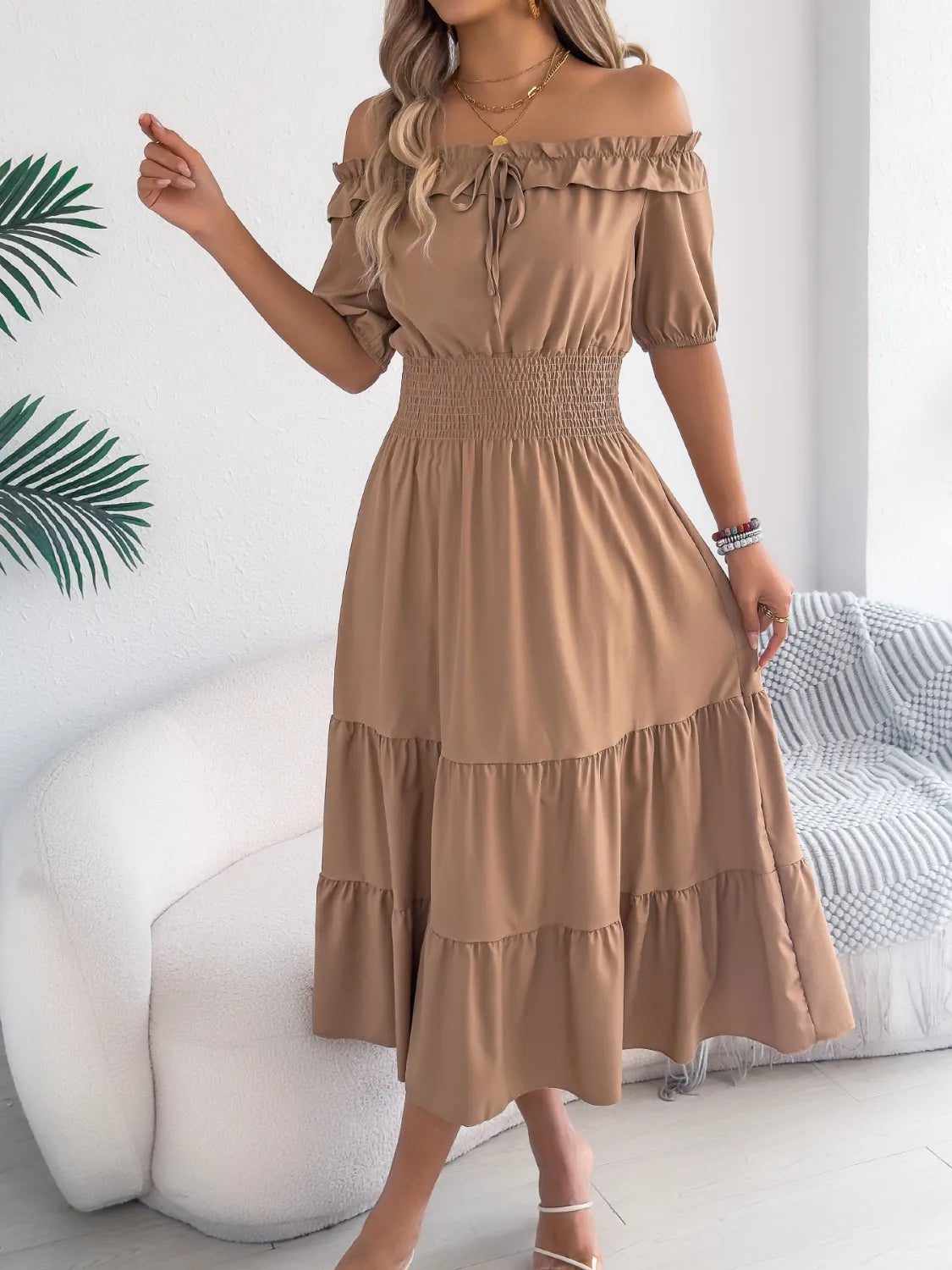 Smocked Off-Shoulder Tiered Dress.