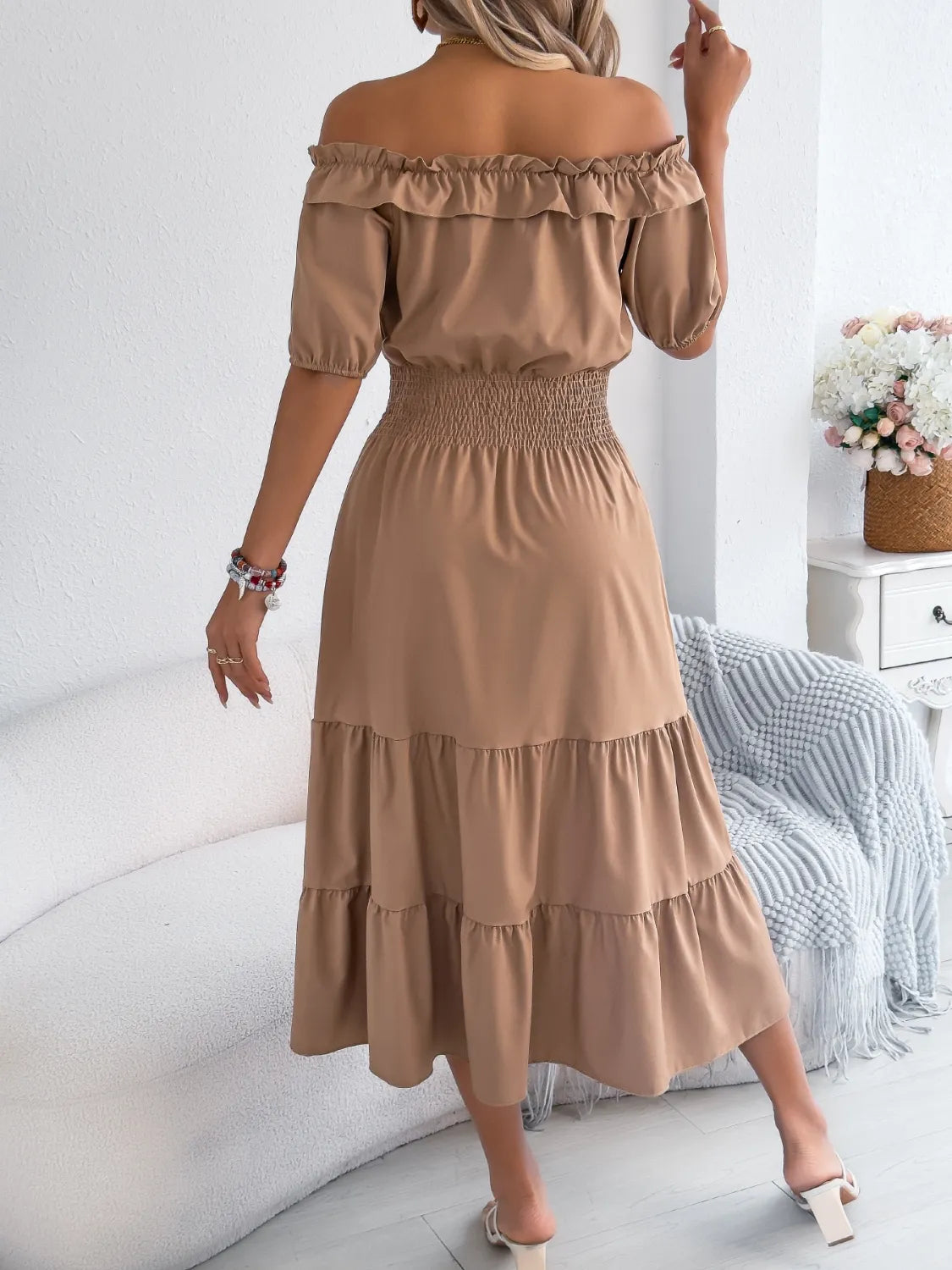 Smocked Off-Shoulder Tiered Dress.