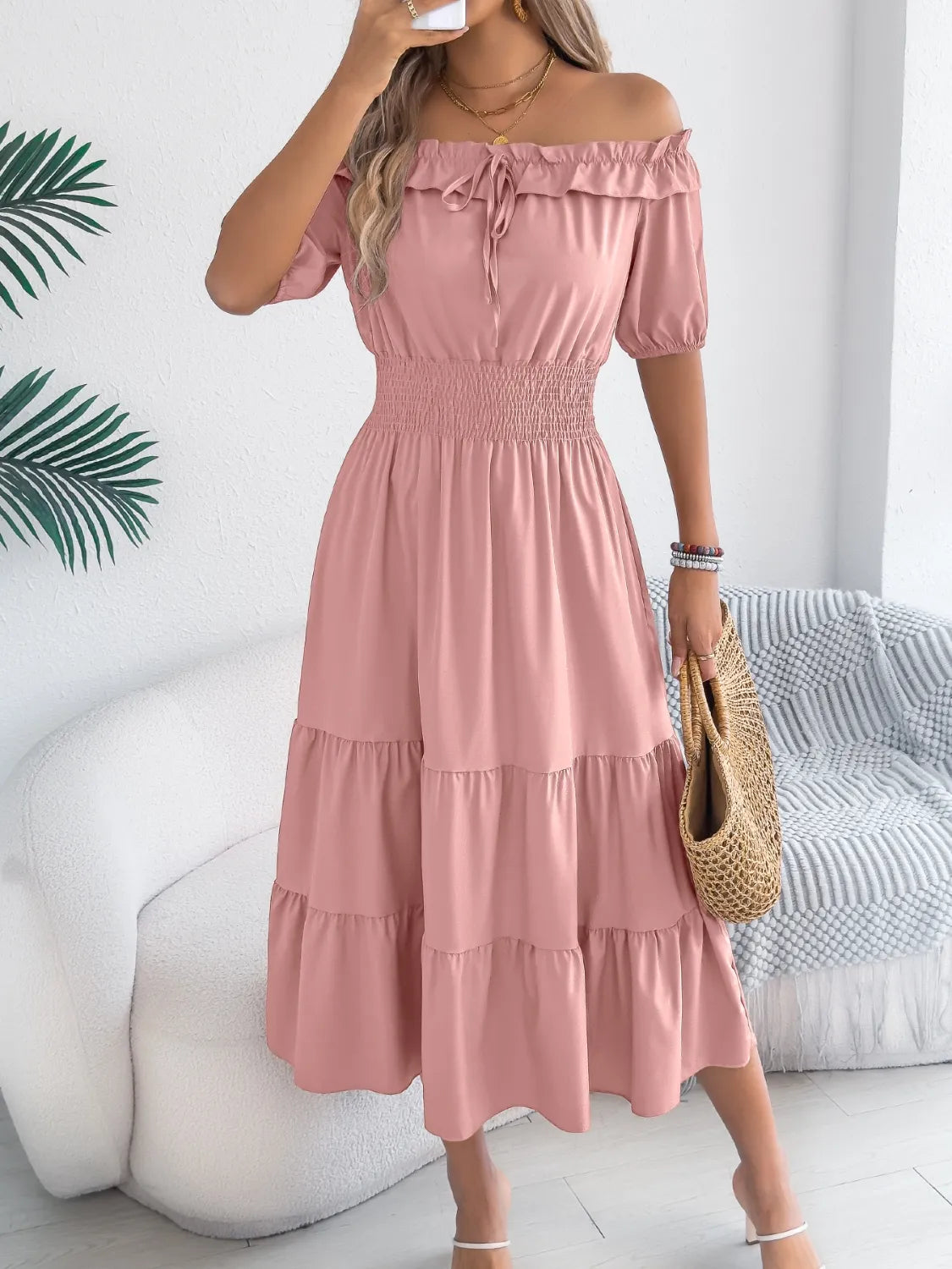 Smocked Off-Shoulder Tiered Dress.