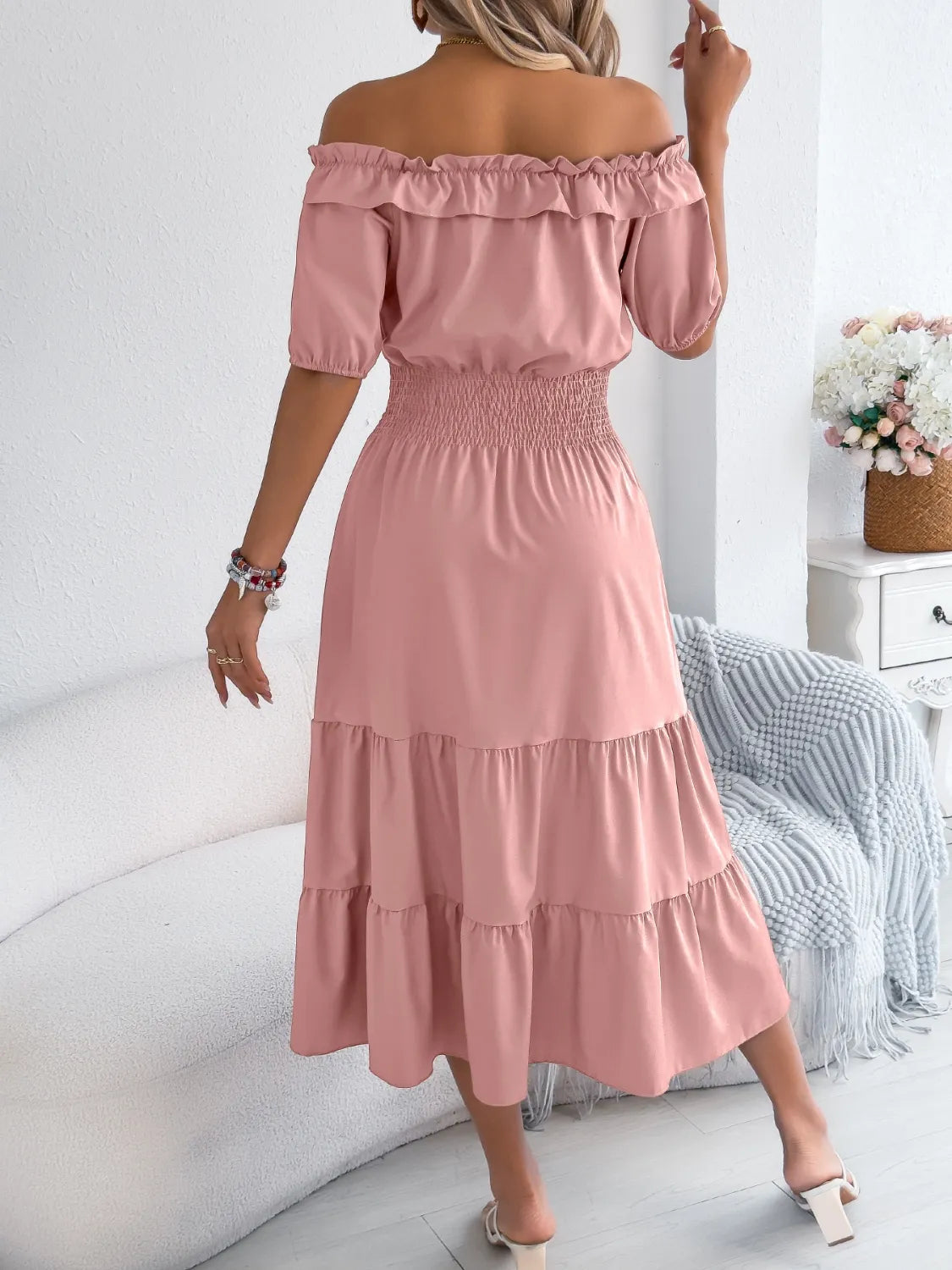 Smocked Off-Shoulder Tiered Dress.