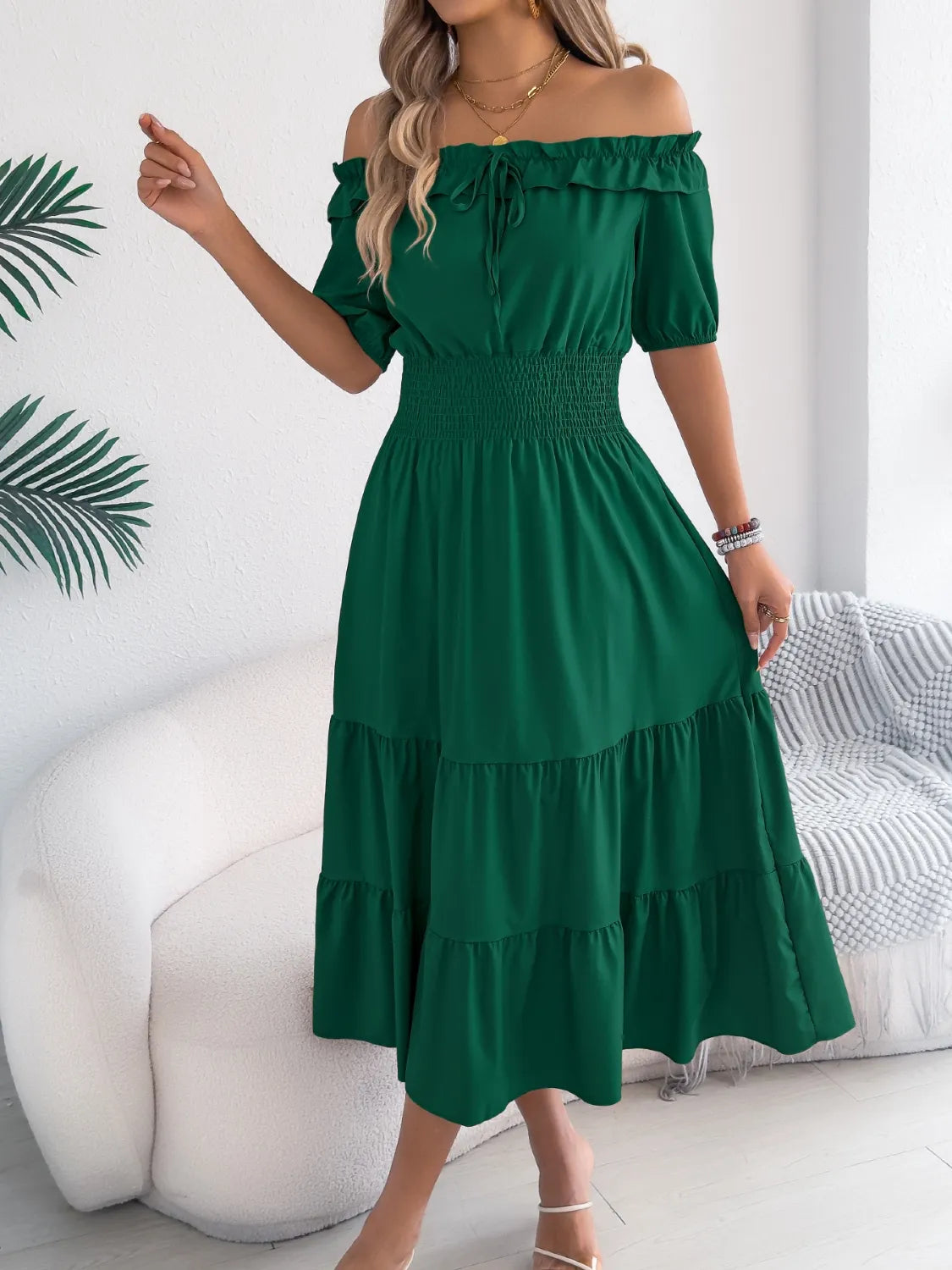 Smocked Off-Shoulder Tiered Dress.