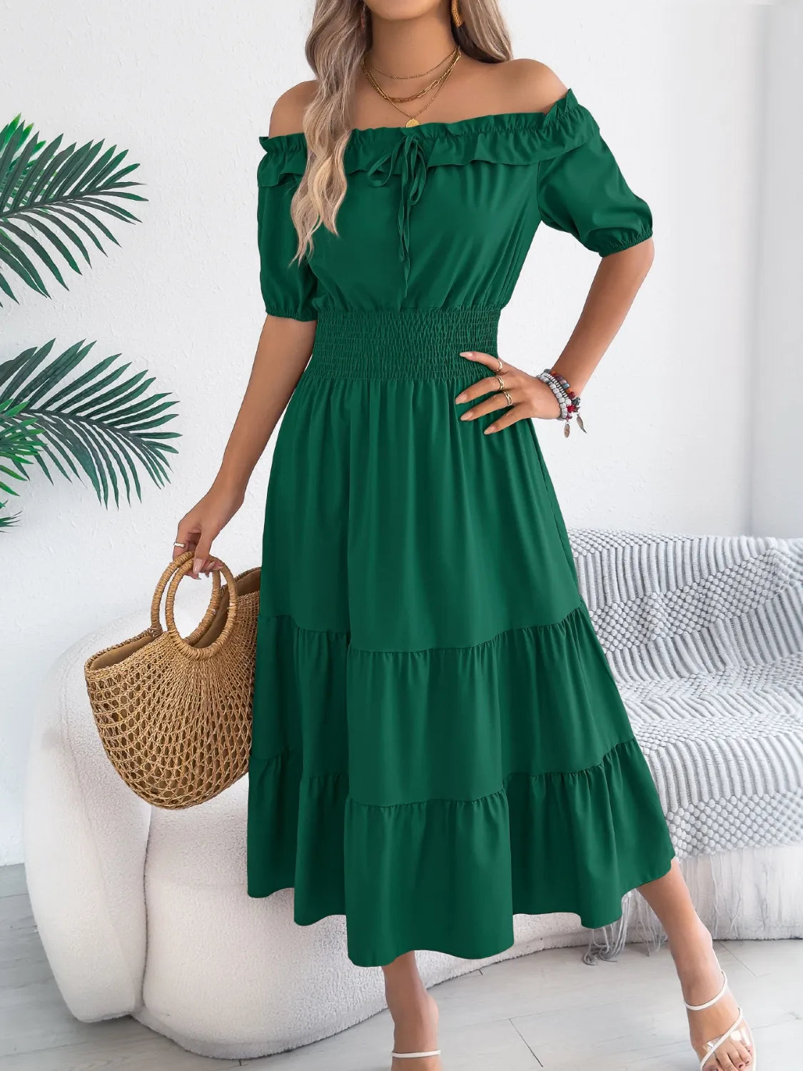 Smocked Off-Shoulder Tiered Dress.