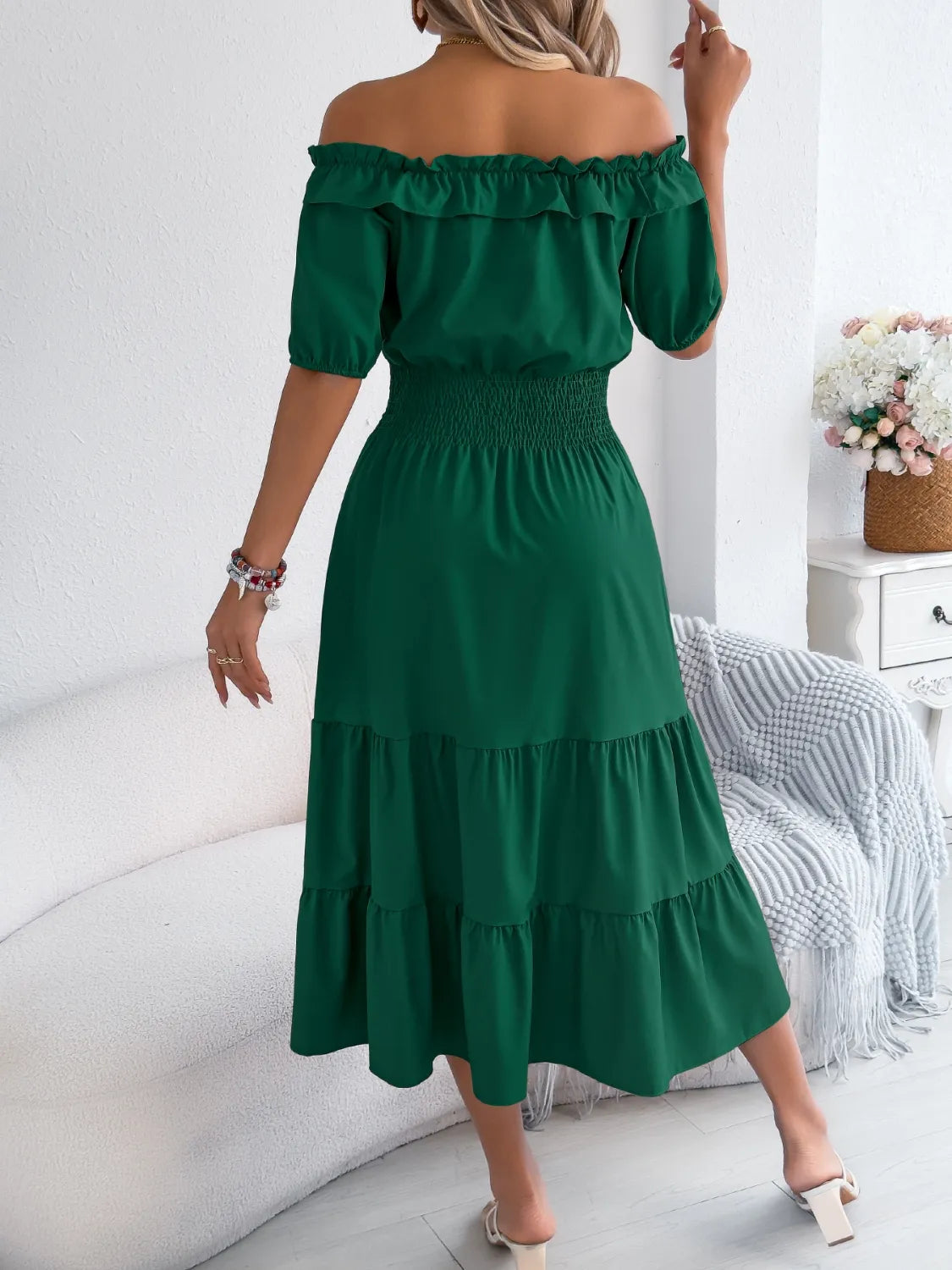 Smocked Off-Shoulder Tiered Dress.
