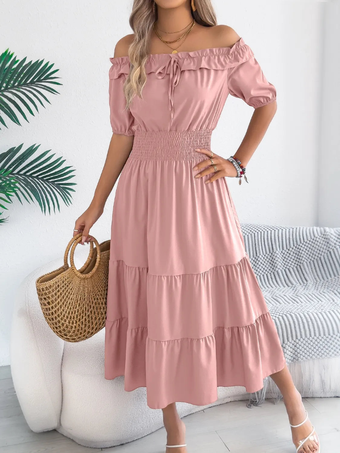 Smocked Off-Shoulder Tiered Dress.