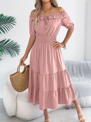 Smocked Off-Shoulder Tiered Dress.