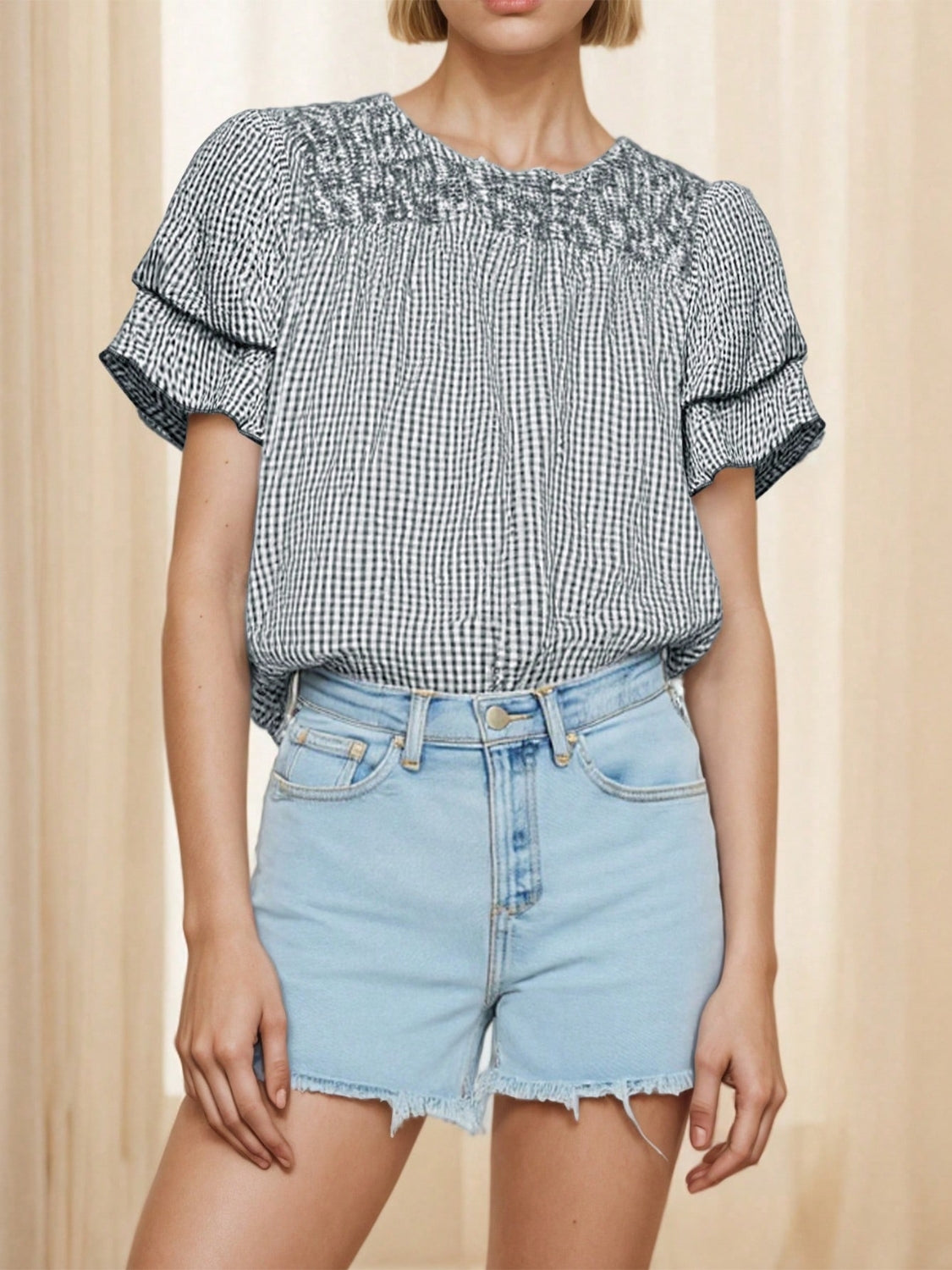 Smocked Plaid Round Neck Layered Short Sleeve Blouse.