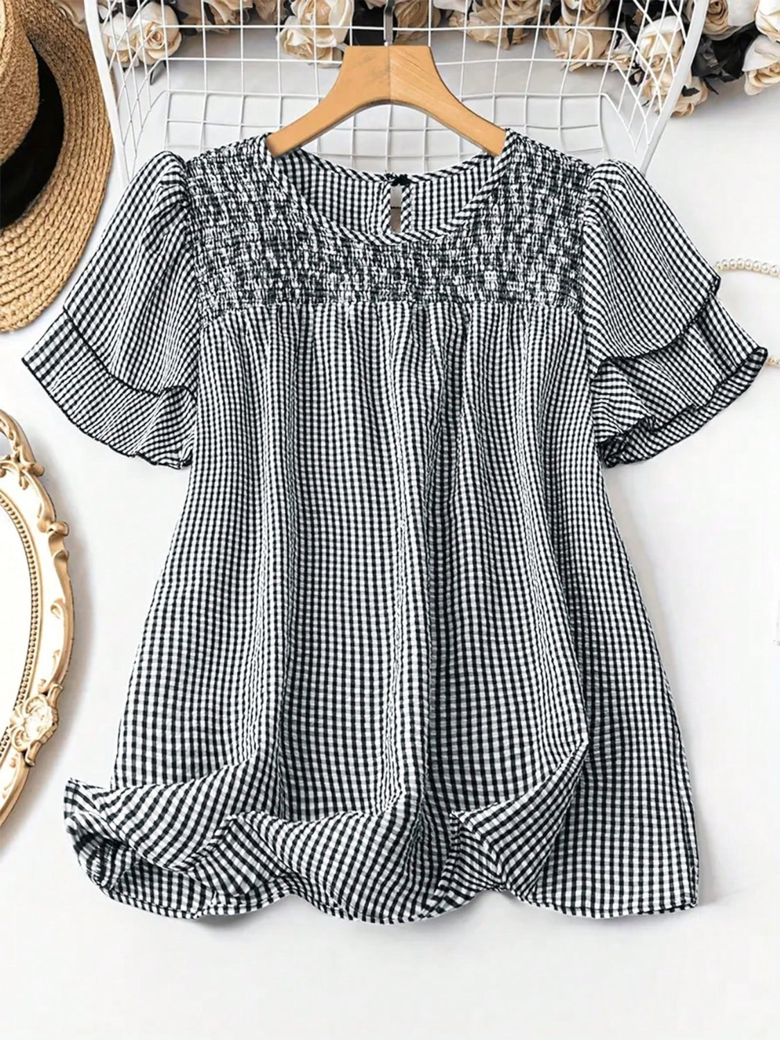 Smocked Plaid Round Neck Layered Short Sleeve Blouse.