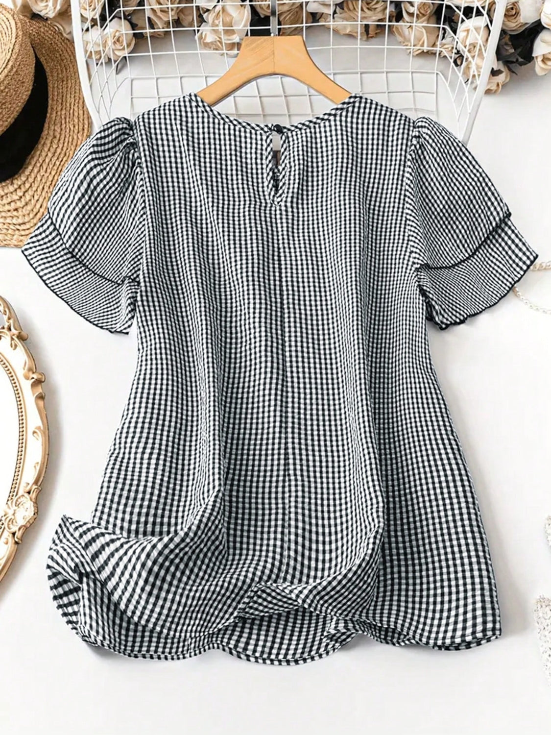 Smocked Plaid Round Neck Layered Short Sleeve Blouse.