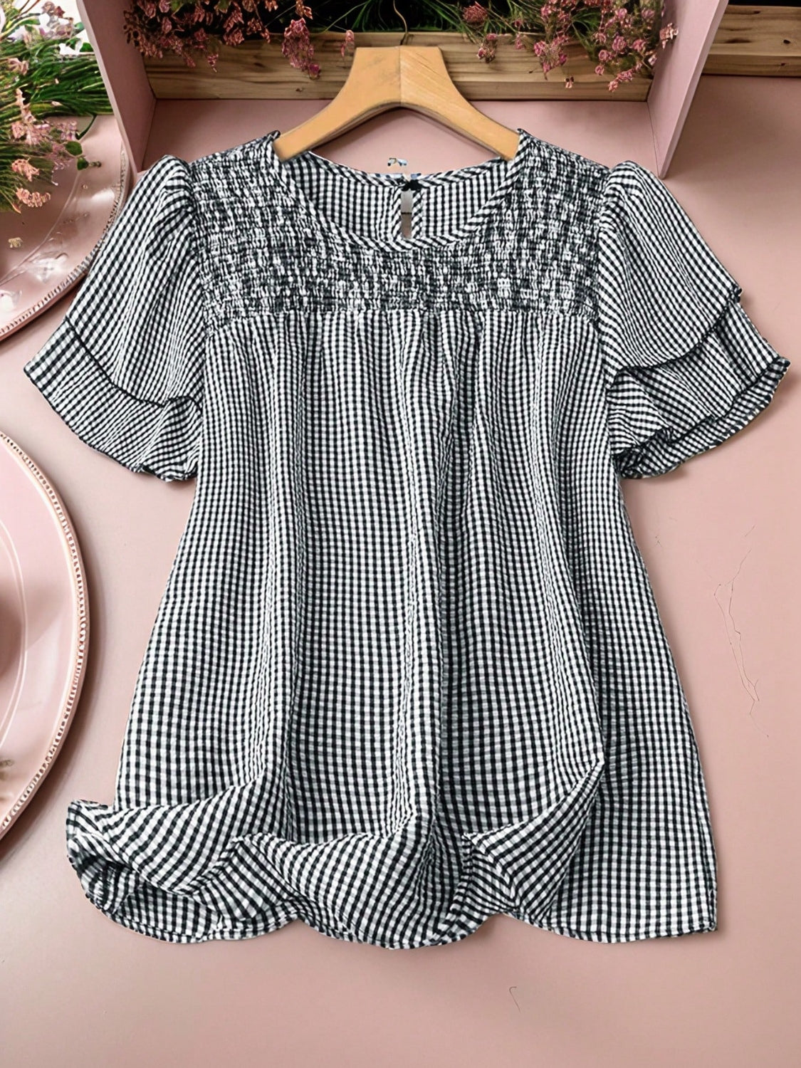 Smocked Plaid Round Neck Layered Short Sleeve Blouse.