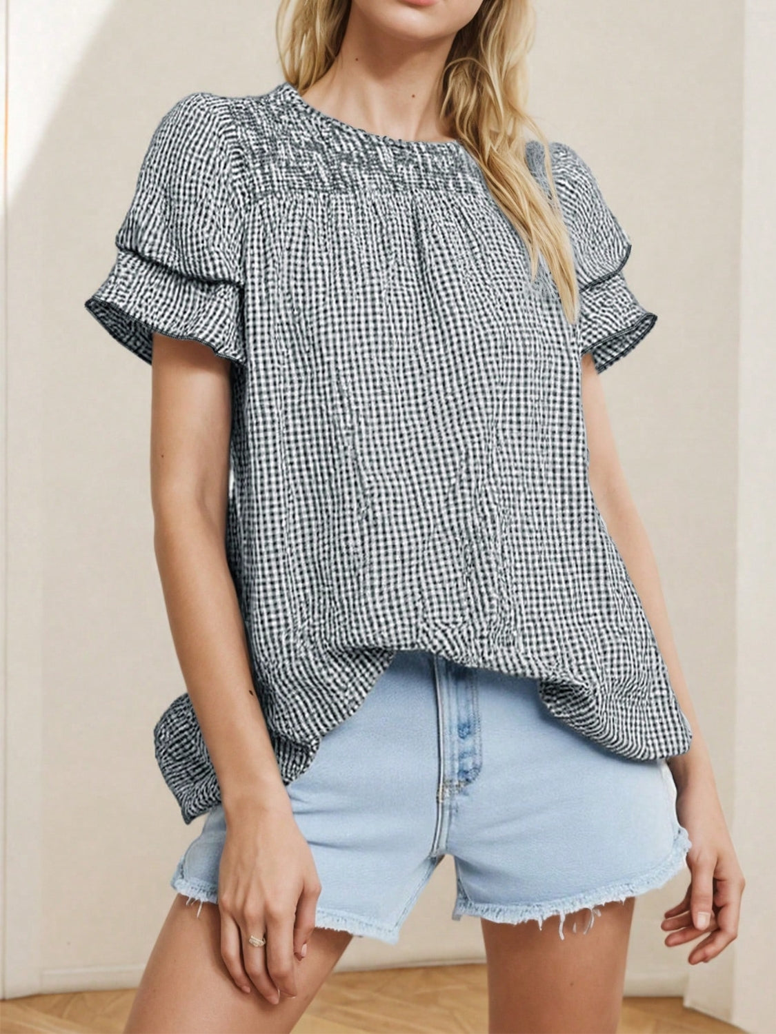 Smocked Plaid Round Neck Layered Short Sleeve Blouse.