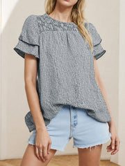 Smocked Plaid Round Neck Layered Short Sleeve Blouse.