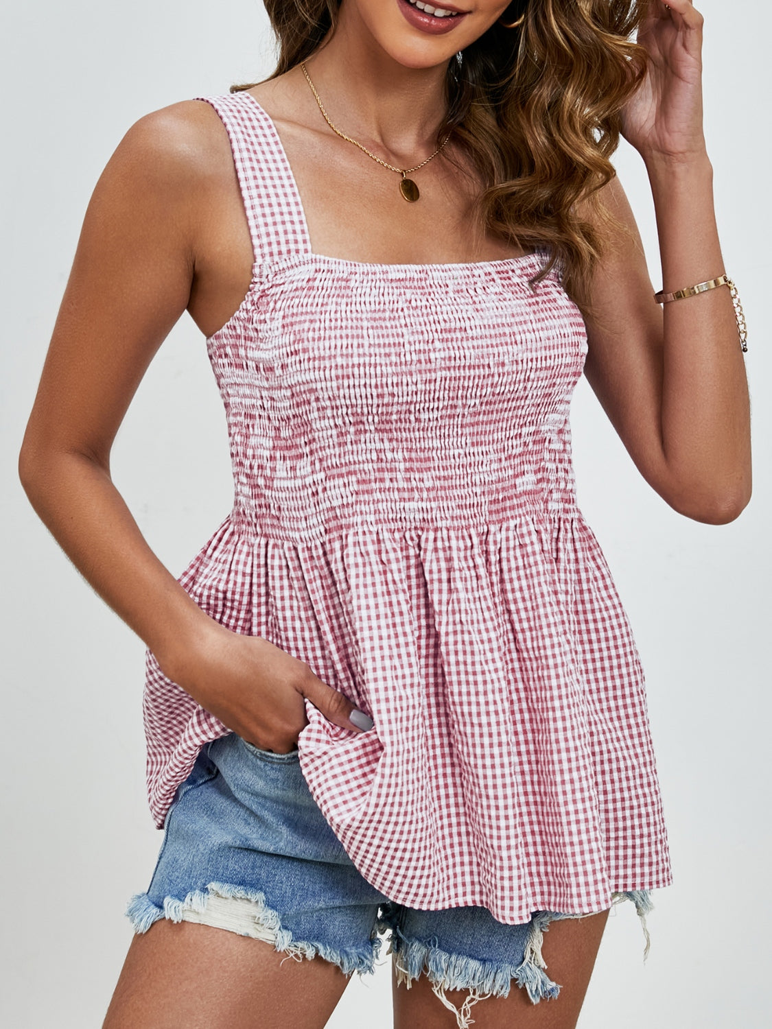 Smocked plaid square neck tank, opaque and stretchy.