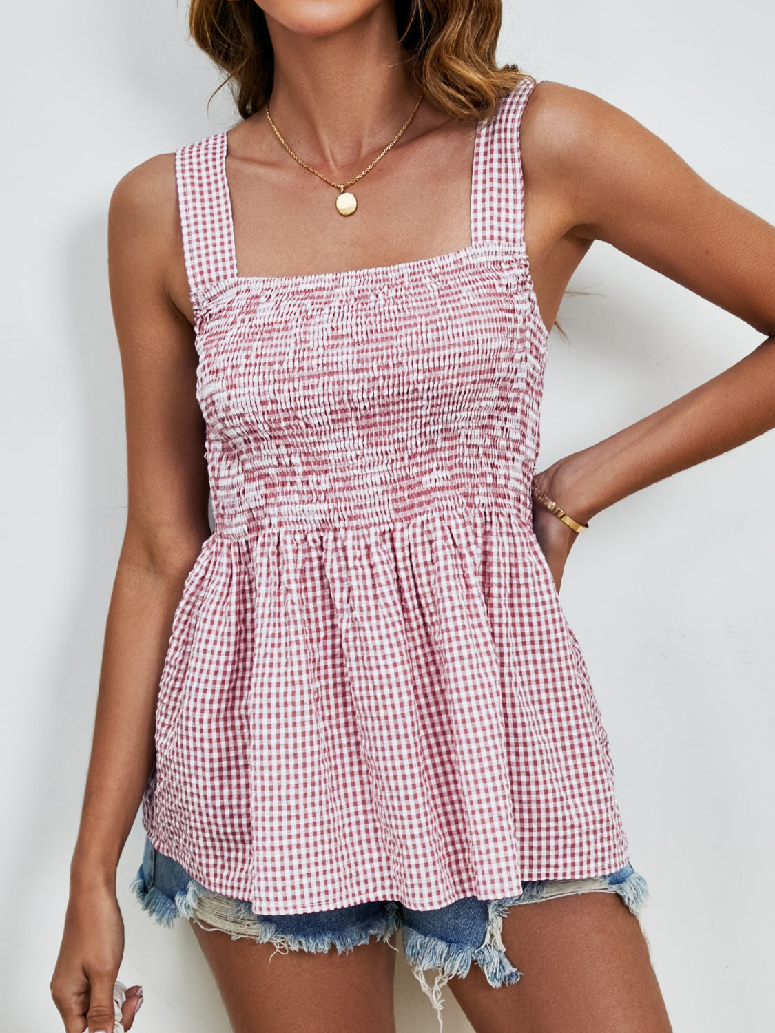 Smocked plaid square neck tank, opaque and stretchy.