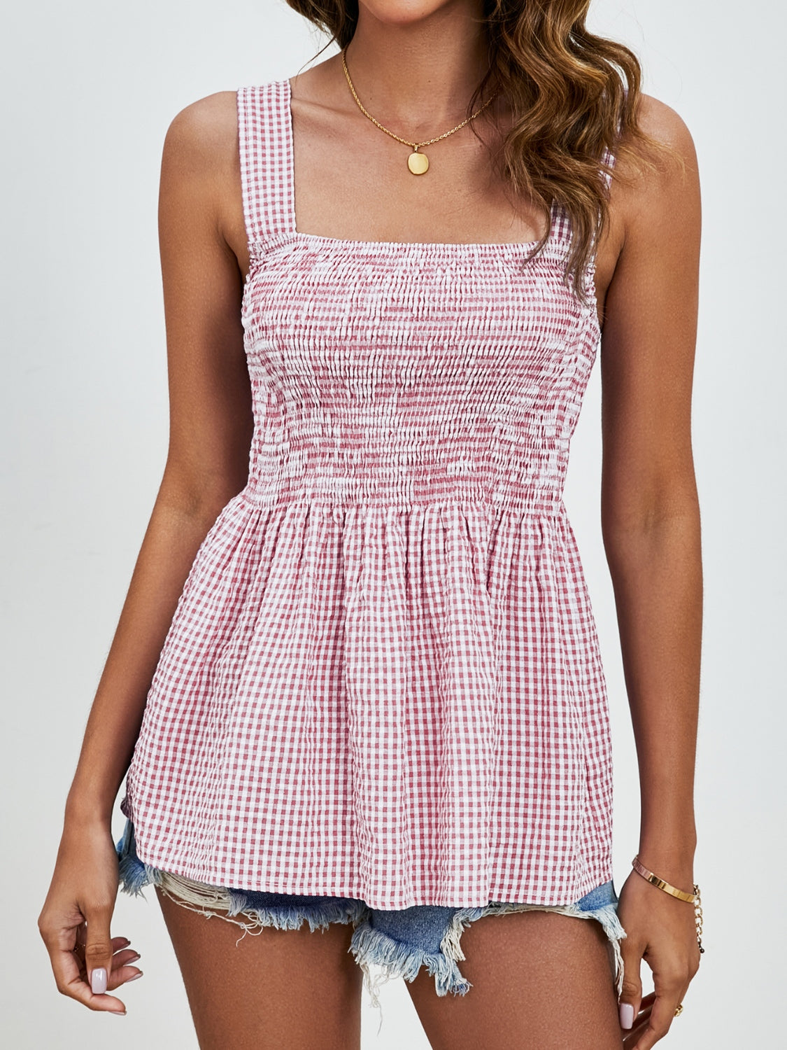 Smocked plaid square neck tank, opaque and stretchy.