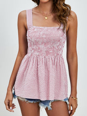 Smocked plaid square neck tank, opaque and stretchy.