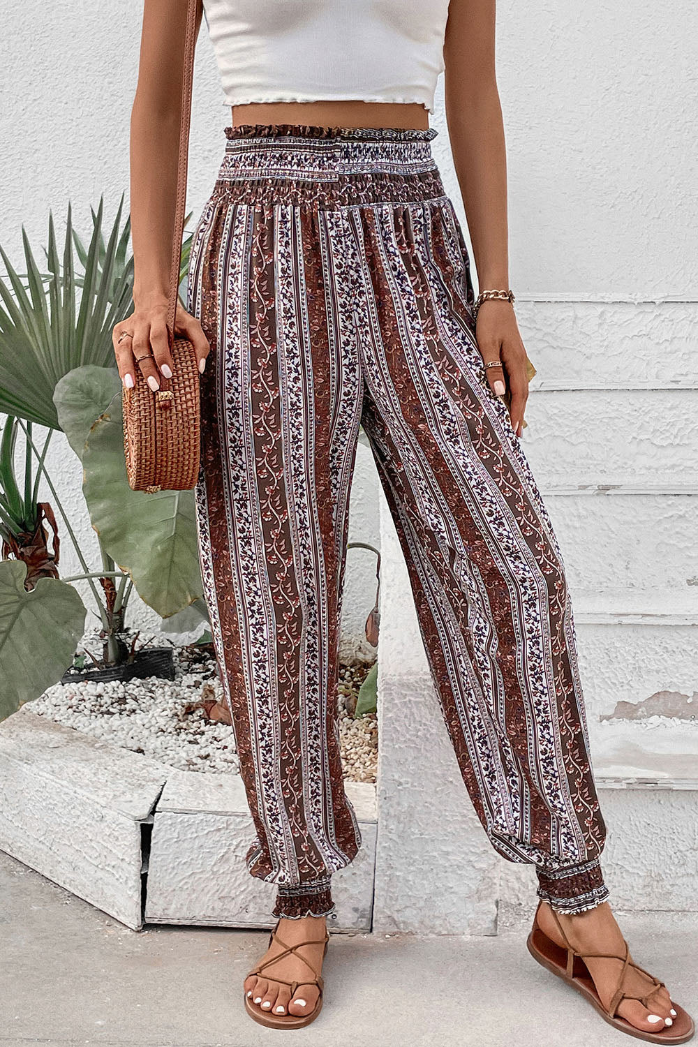 Smocked printed high waist pants, opaque.