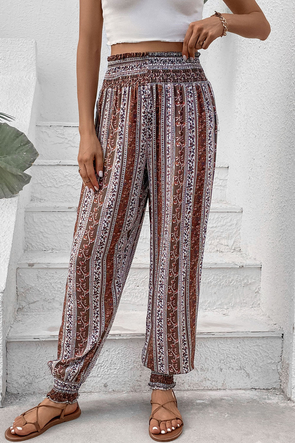 Smocked printed high waist pants, opaque.