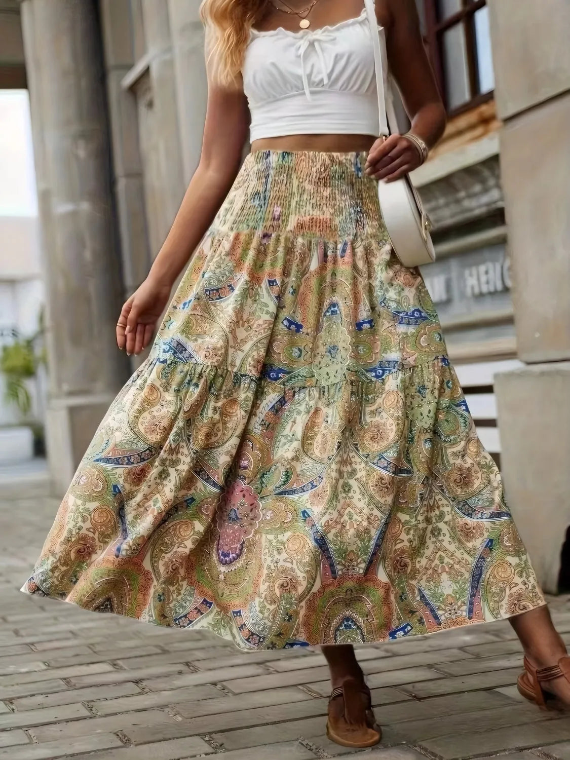 Smocked Printed High Waist Skirt.