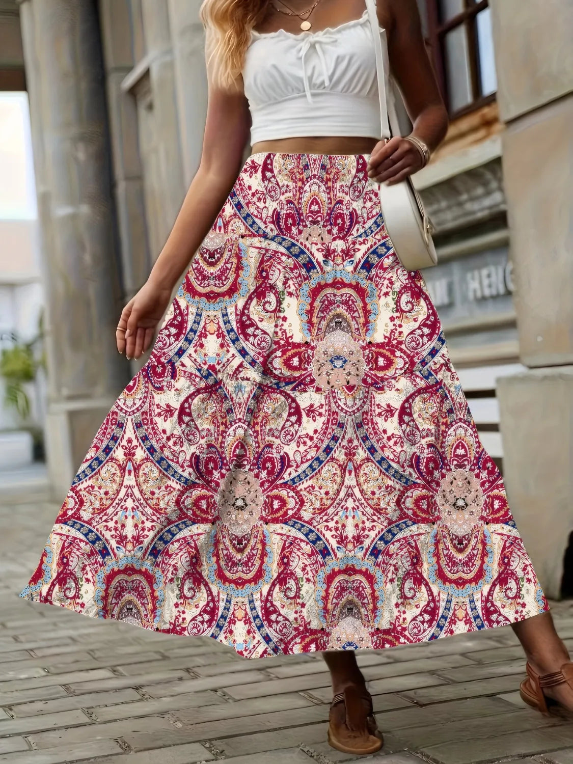 Smocked Printed High Waist Skirt.