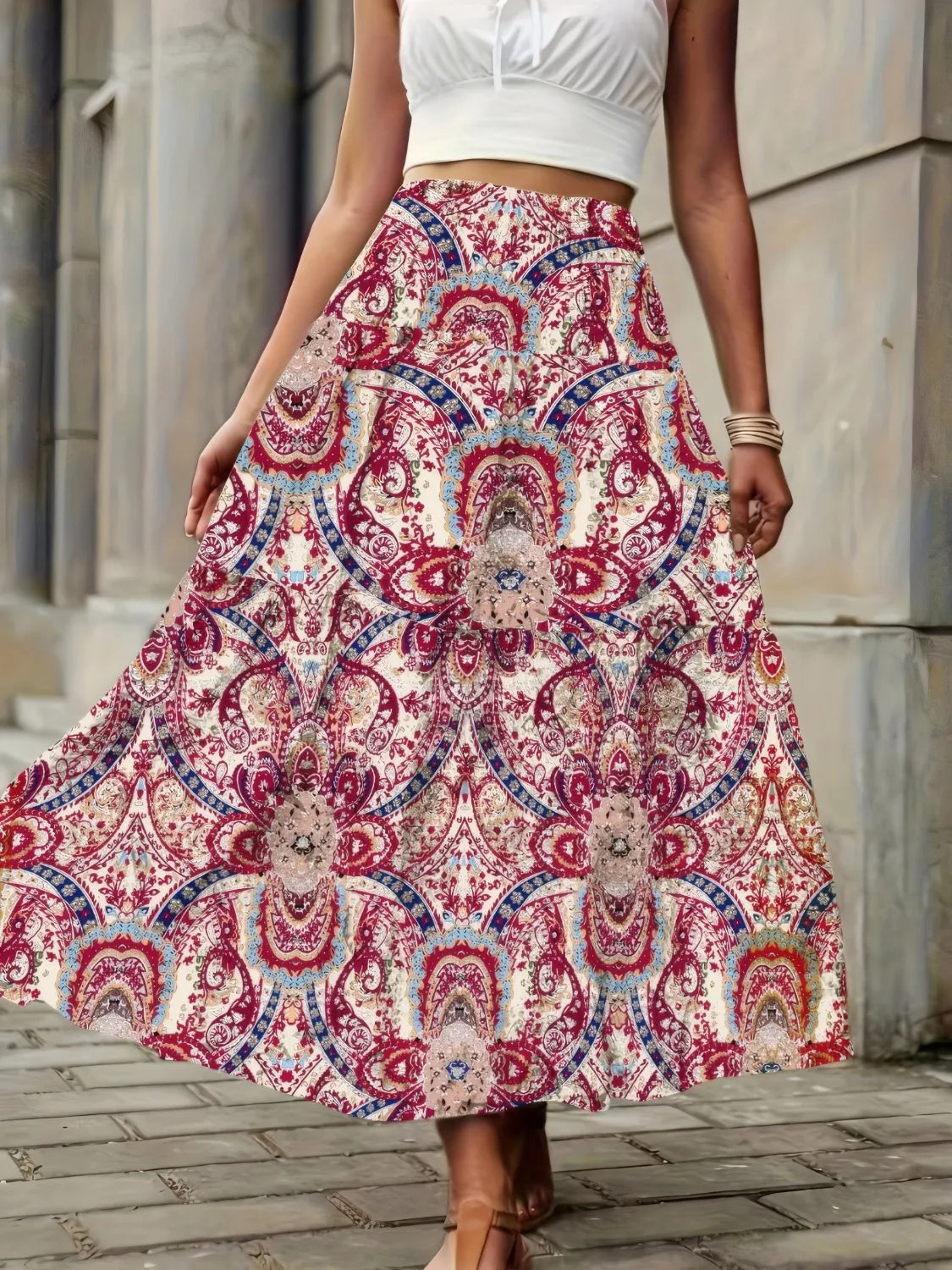 Smocked Printed High Waist Skirt.