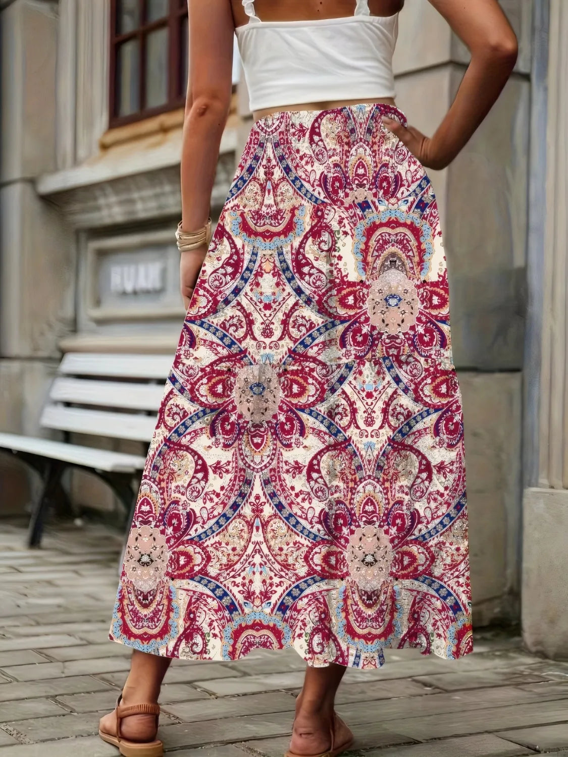 Smocked Printed High Waist Skirt.