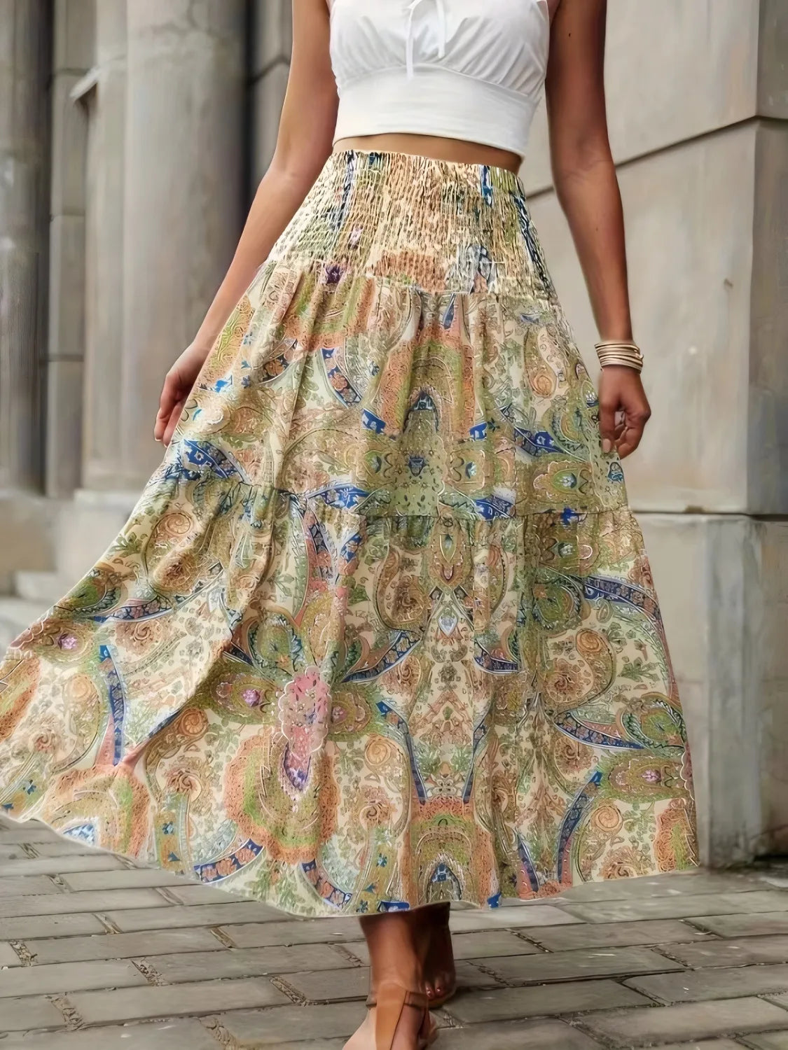 Smocked Printed High Waist Skirt.