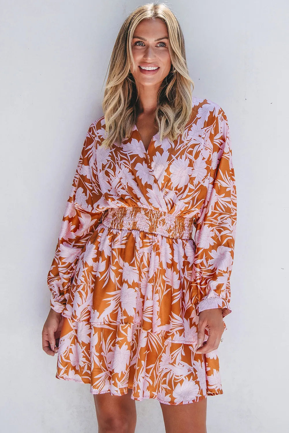 Smocked Printed Long Sleeve Mini Dress.