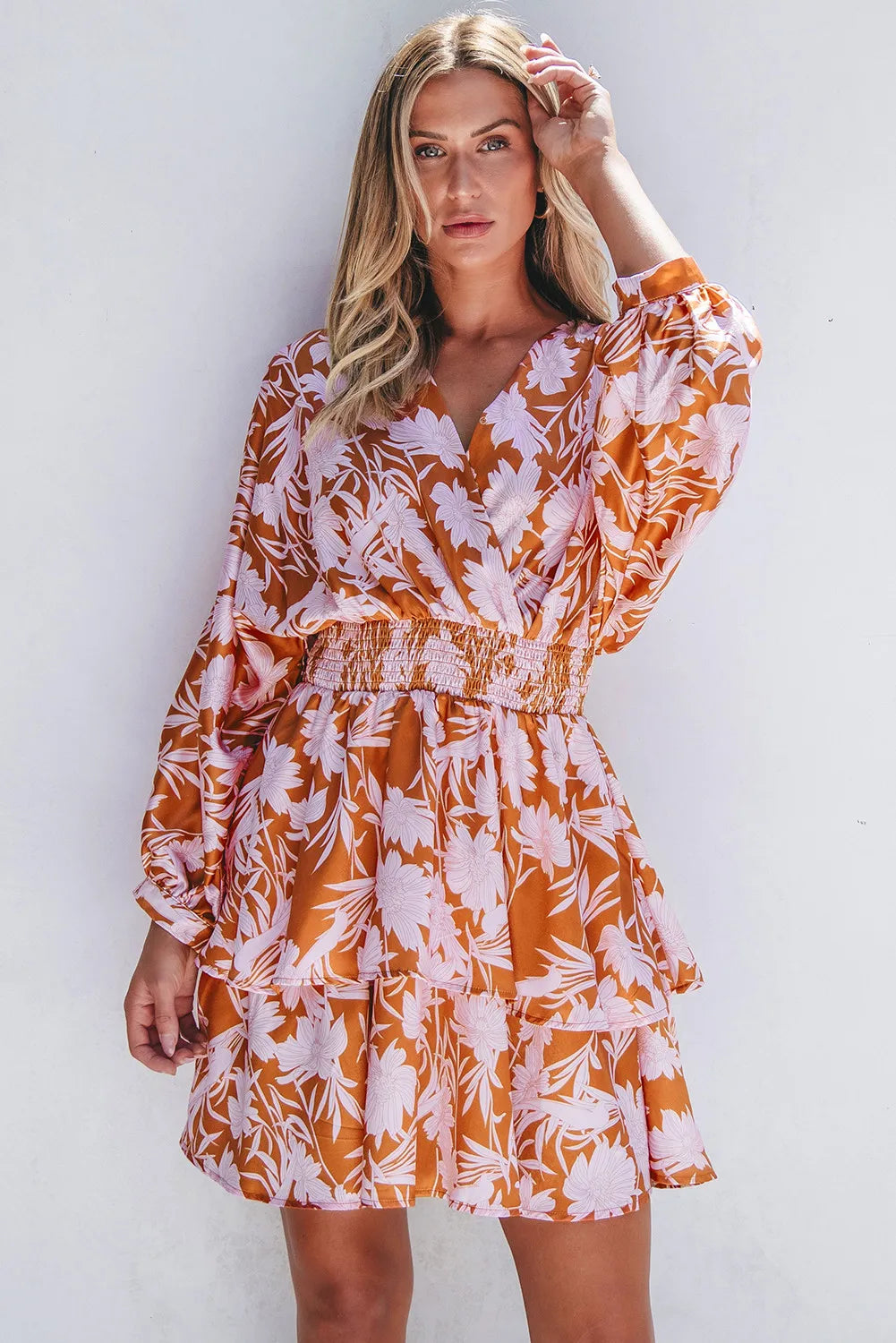 Smocked Printed Long Sleeve Mini Dress.