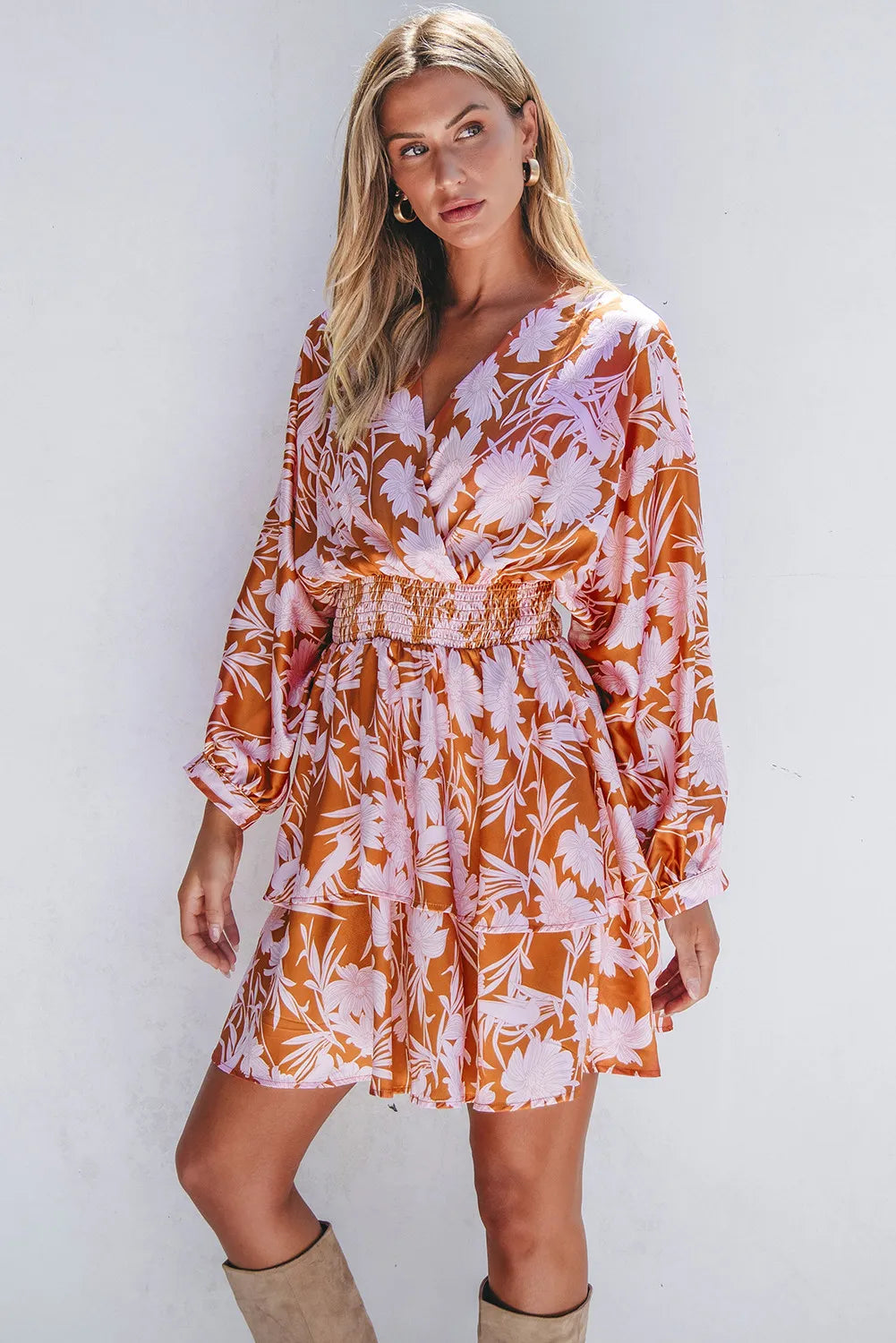 Smocked Printed Long Sleeve Mini Dress.