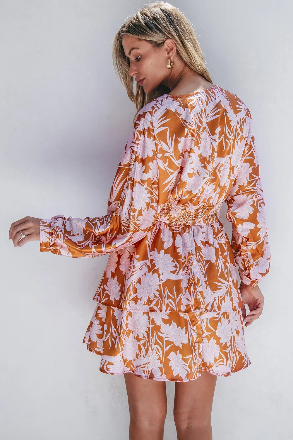 Smocked Printed Long Sleeve Mini Dress.