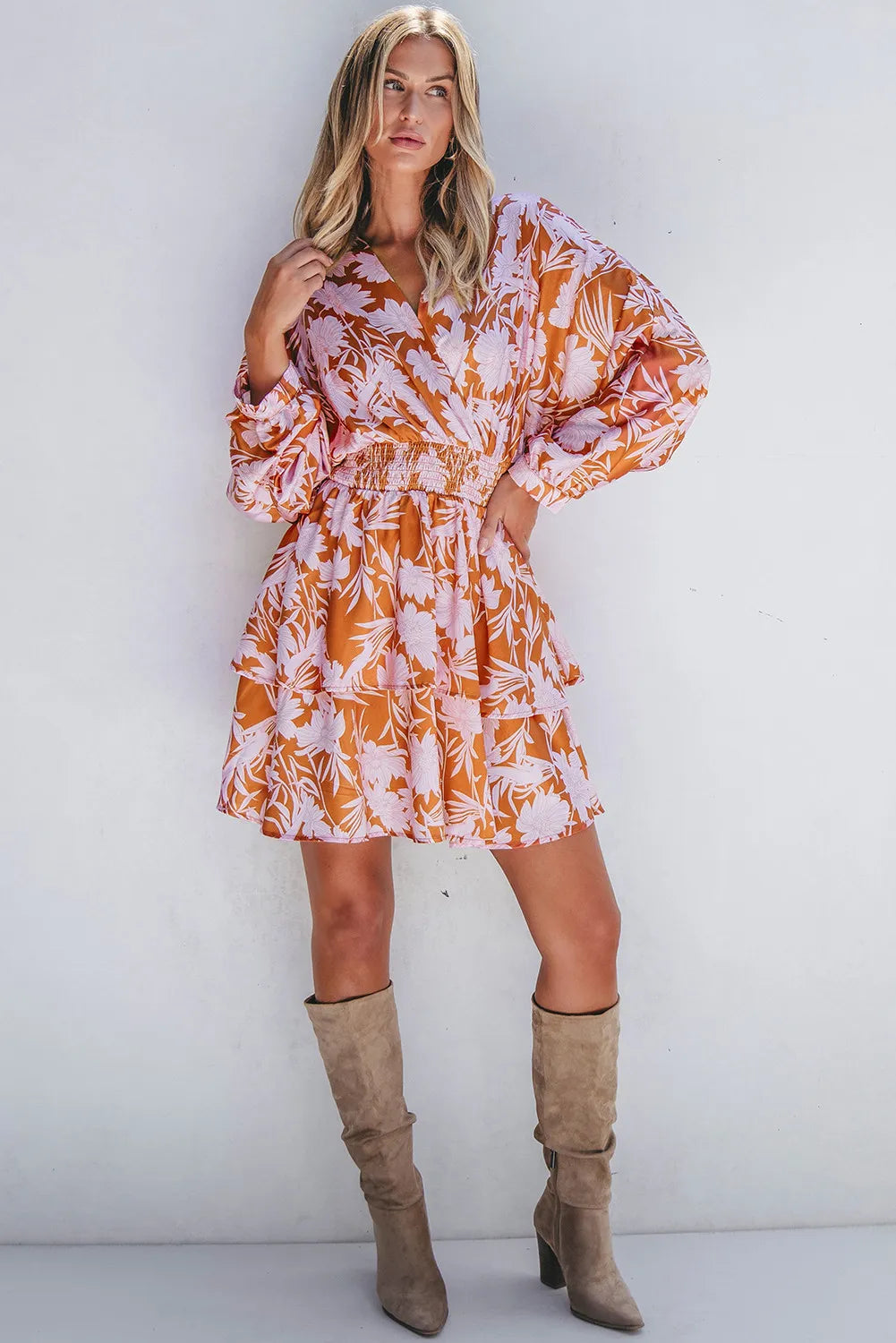 Smocked Printed Long Sleeve Mini Dress.