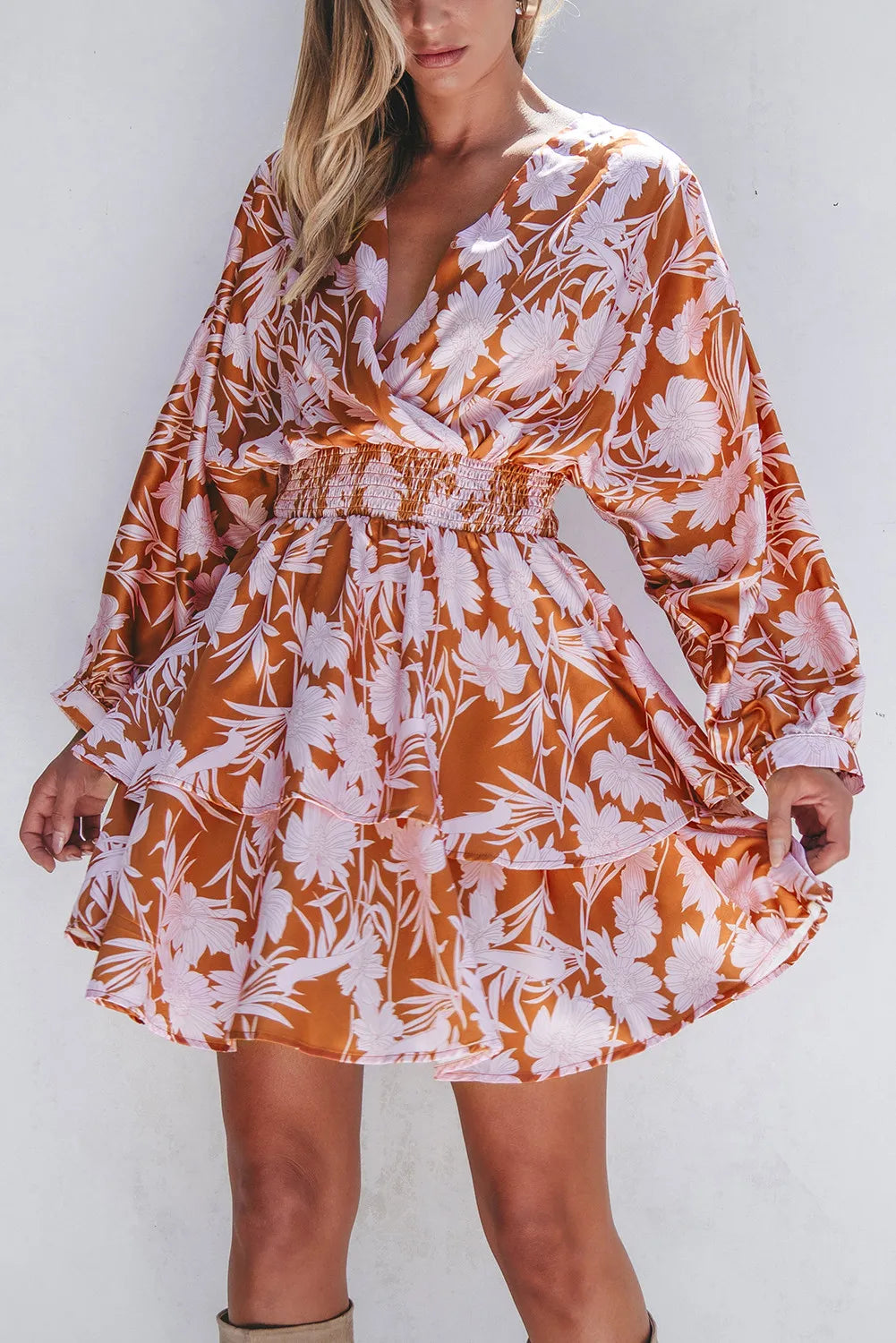 Smocked Printed Long Sleeve Mini Dress.
