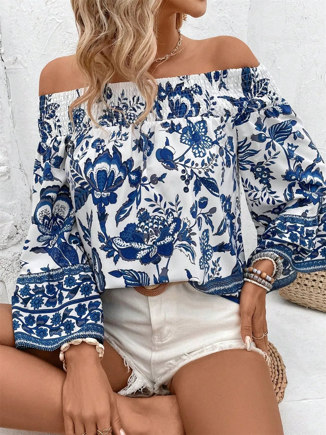 Smocked Printed Off-Shoulder Blouse.