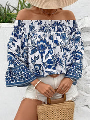 Smocked Printed Off-Shoulder Blouse.