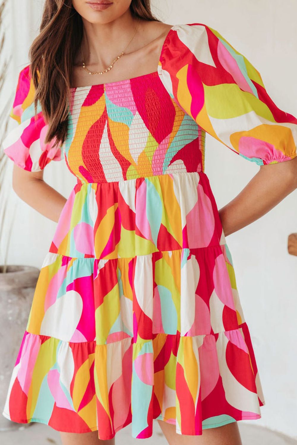 Smocked Printed Puff Sleeve Mini Dress.