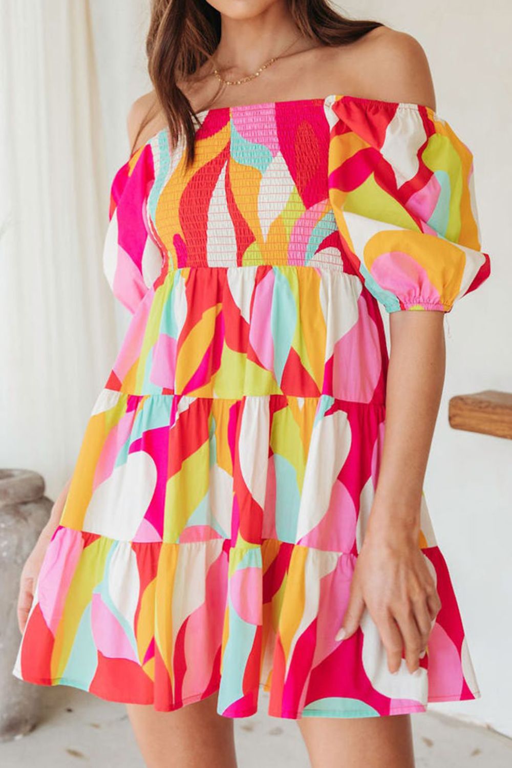 Smocked Printed Puff Sleeve Mini Dress.