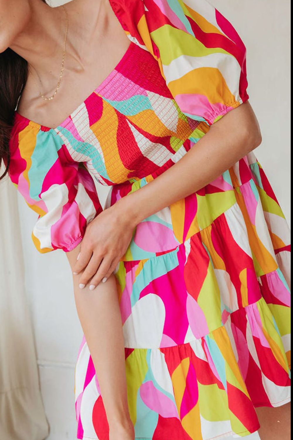 Smocked Printed Puff Sleeve Mini Dress.