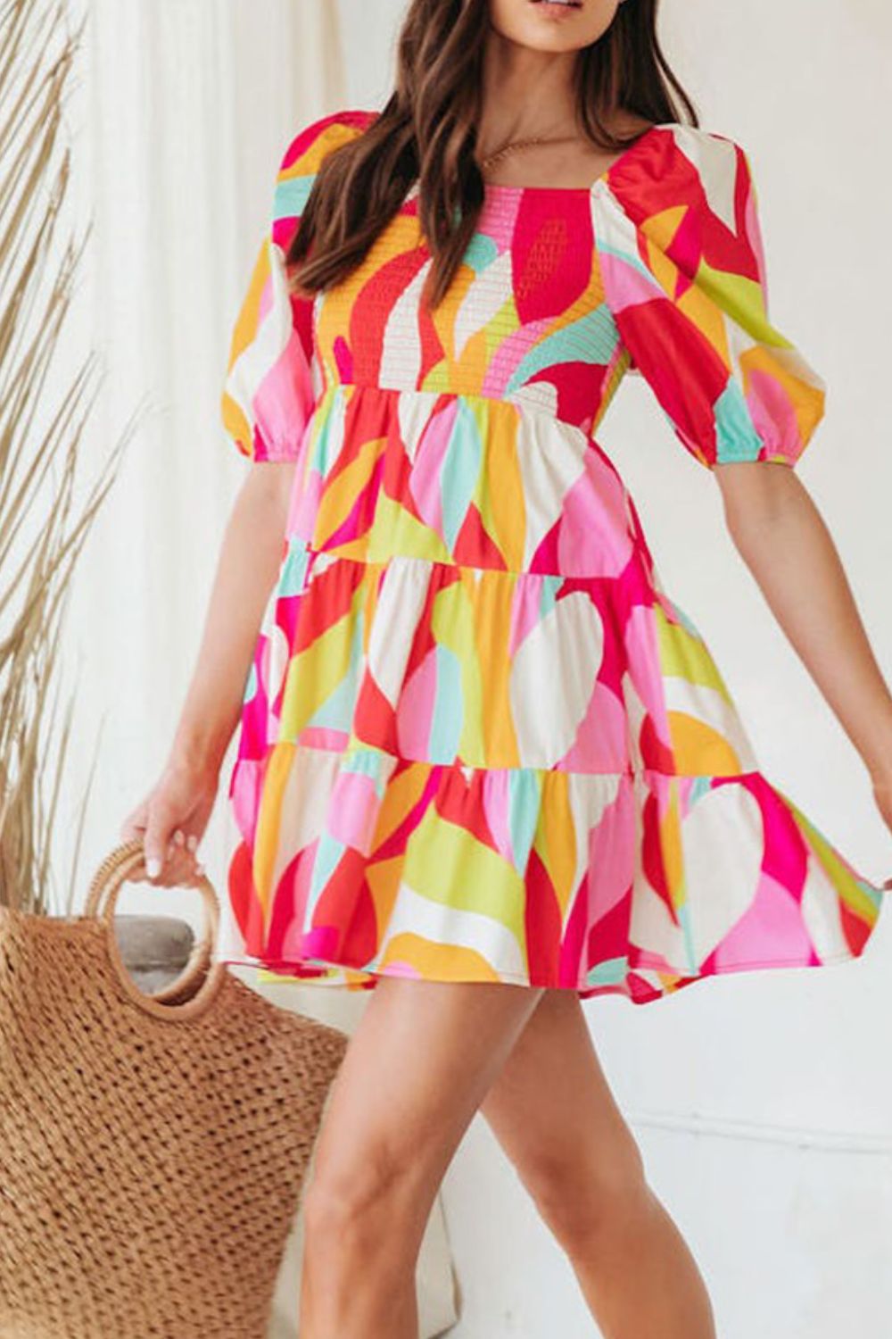 Smocked Printed Puff Sleeve Mini Dress.